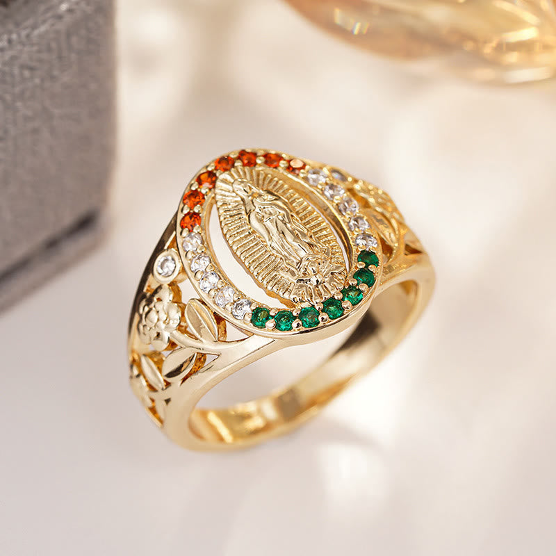 Zircon-Encrusted Our Lady Ring with Floral Design: Elegant Reminder of Unwavering Faith