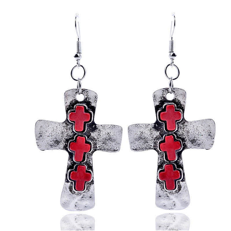Textured Three-Cross Earrings with Stone Inlays: Symbol of Faith and Protection VIP