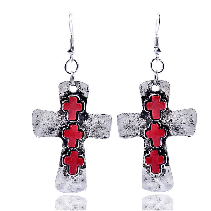 Textured Three-Cross Earrings with Stone Inlays: Symbol of Faith and Protection VIP