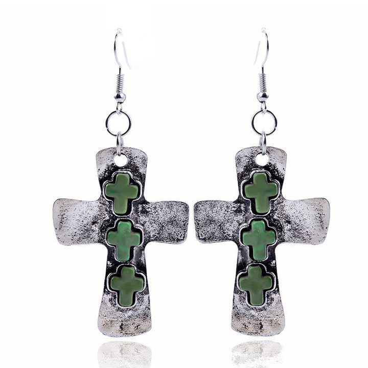Textured Three-Cross Earrings with Stone Inlays: Symbol of Faith and Protection VIP