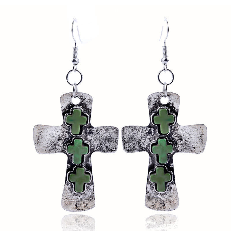 Textured Three-Cross Earrings with Stone Inlays: Symbol of Faith and Protection