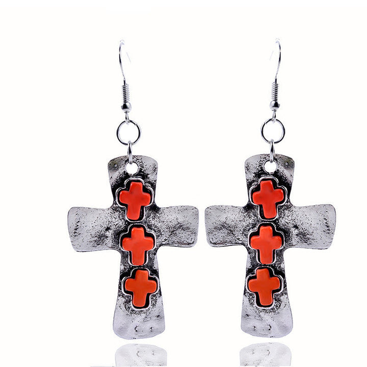 Textured Three-Cross Earrings with Stone Inlays: Symbol of Faith and Protection VIP