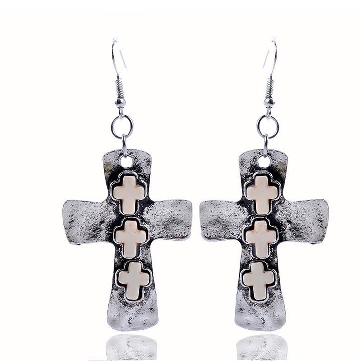 Textured Three-Cross Earrings with Stone Inlays: Symbol of Faith and Protection VIP