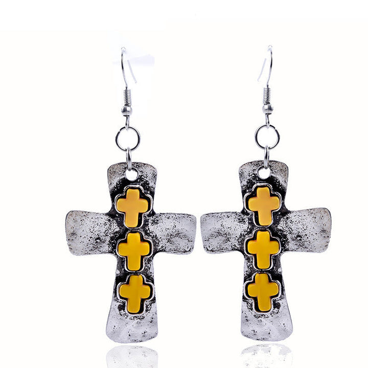 Textured Three-Cross Earrings with Stone Inlays: Symbol of Faith and Protection VIP