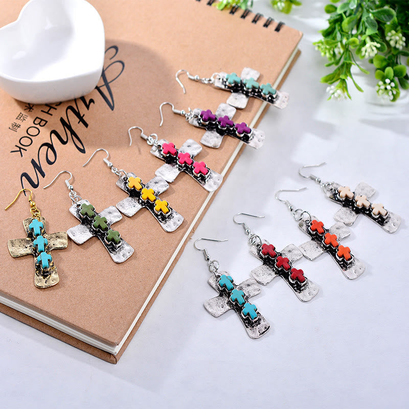 Textured Three-Cross Earrings with Stone Inlays: Symbol of Faith and Protection