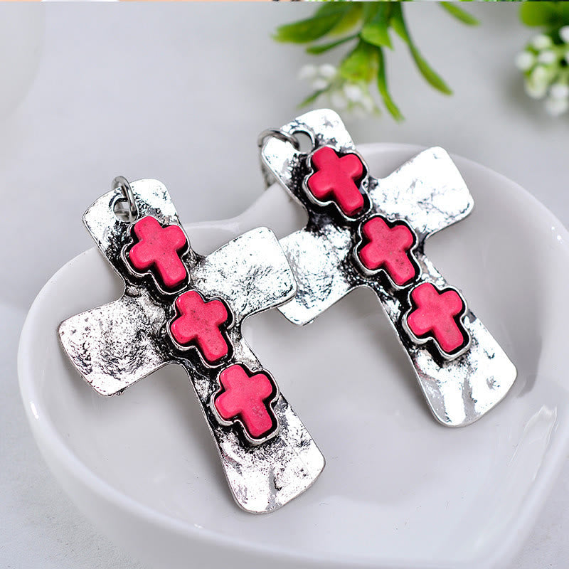 Textured Three-Cross Earrings with Stone Inlays: Symbol of Faith and Protection VIP