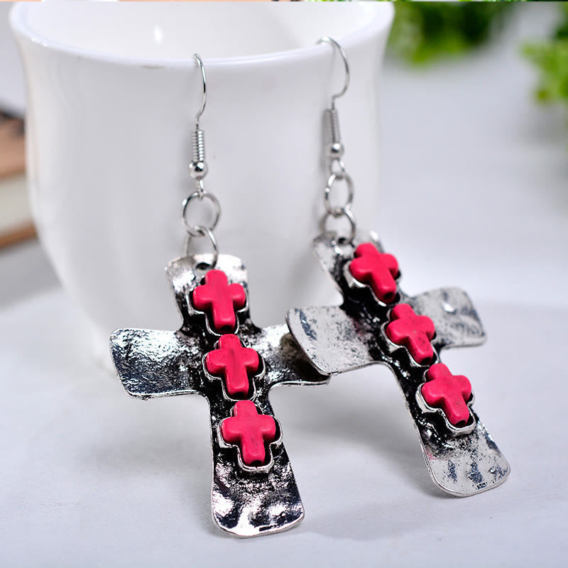 Textured Three-Cross Earrings with Stone Inlays: Symbol of Faith and Protection VIP