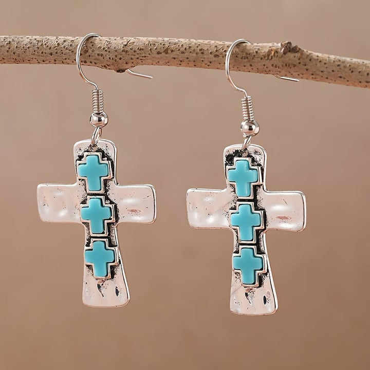Textured Three-Cross Earrings with Stone Inlays: Symbol of Faith and Protection VIP