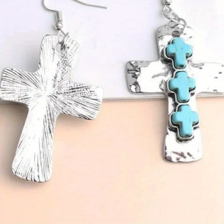 Textured Three-Cross Earrings with Stone Inlays: Symbol of Faith and Protection VIP