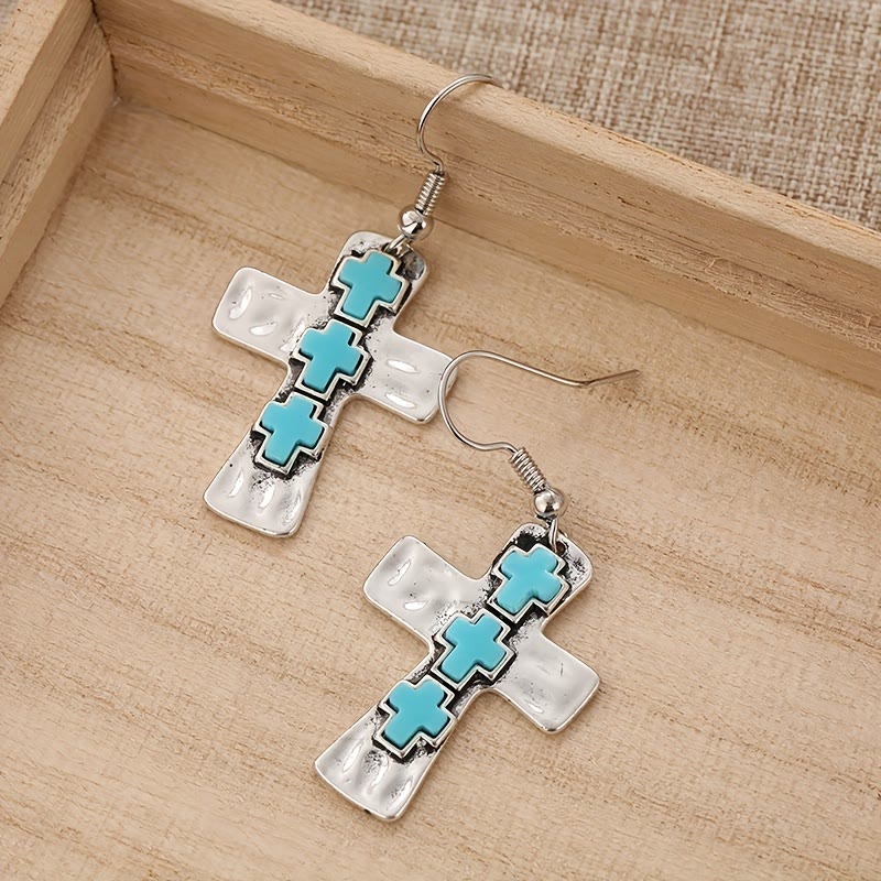 Textured Three-Cross Earrings with Stone Inlays: Symbol of Faith and Protection VIP