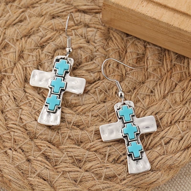Textured Three-Cross Earrings with Stone Inlays: Symbol of Faith and Protection VIP