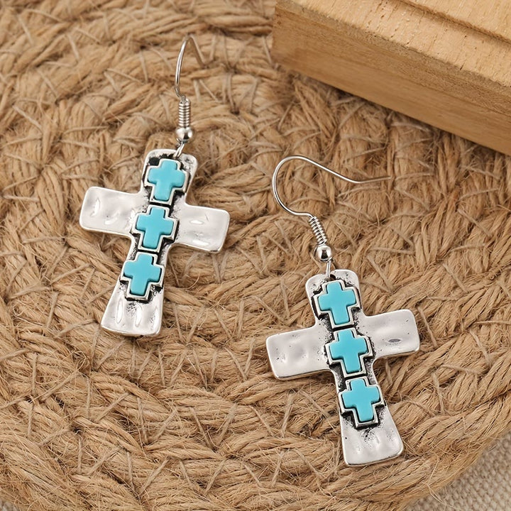 Textured Three-Cross Earrings with Stone Inlays: Symbol of Faith and Protection VIP