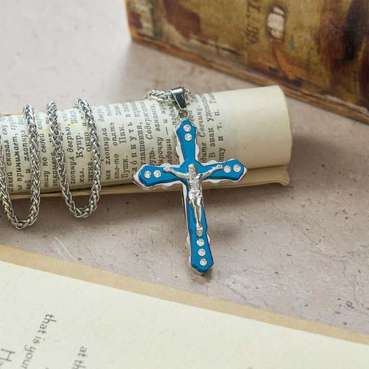 Blue/Silver Detailed Sculpted Crucifix Necklace: A Sacred Accessory for Devotion