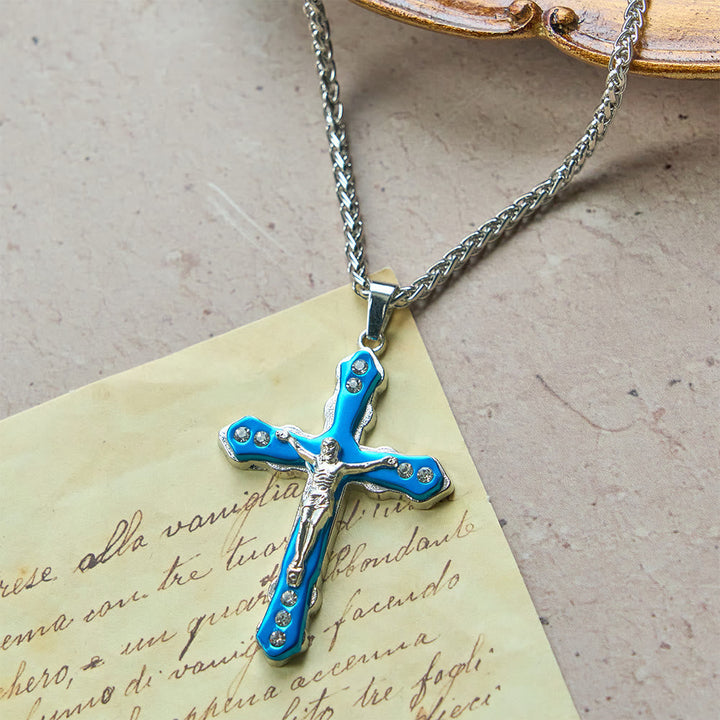 Blue/Silver Detailed Sculpted Crucifix Necklace: A Sacred Accessory for Devotion