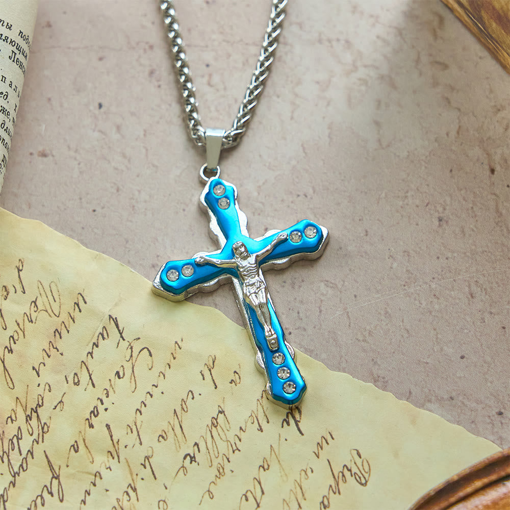 Blue/Silver Detailed Sculpted Crucifix Necklace: A Sacred Accessory for Devotion