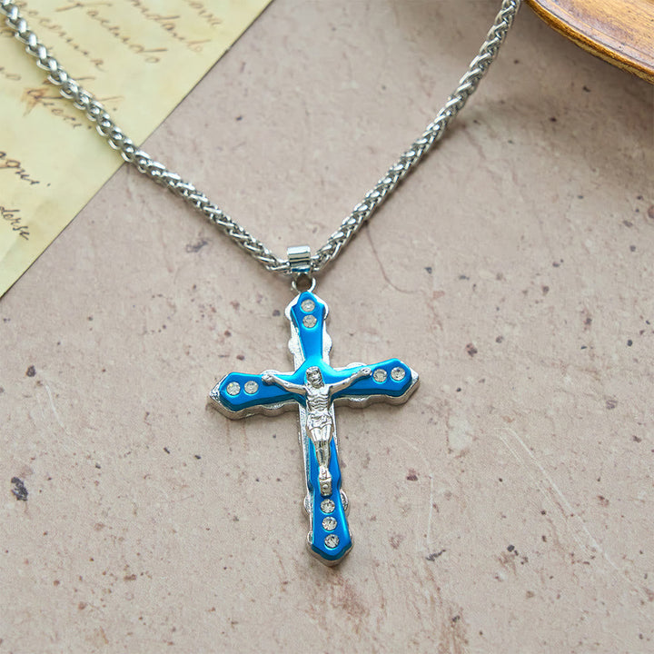 Blue/Silver Detailed Sculpted Crucifix Necklace: A Sacred Accessory for Devotion