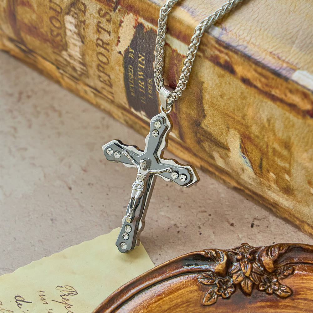 Blue/Silver Detailed Sculpted Crucifix Necklace: A Sacred Accessory for Devotion