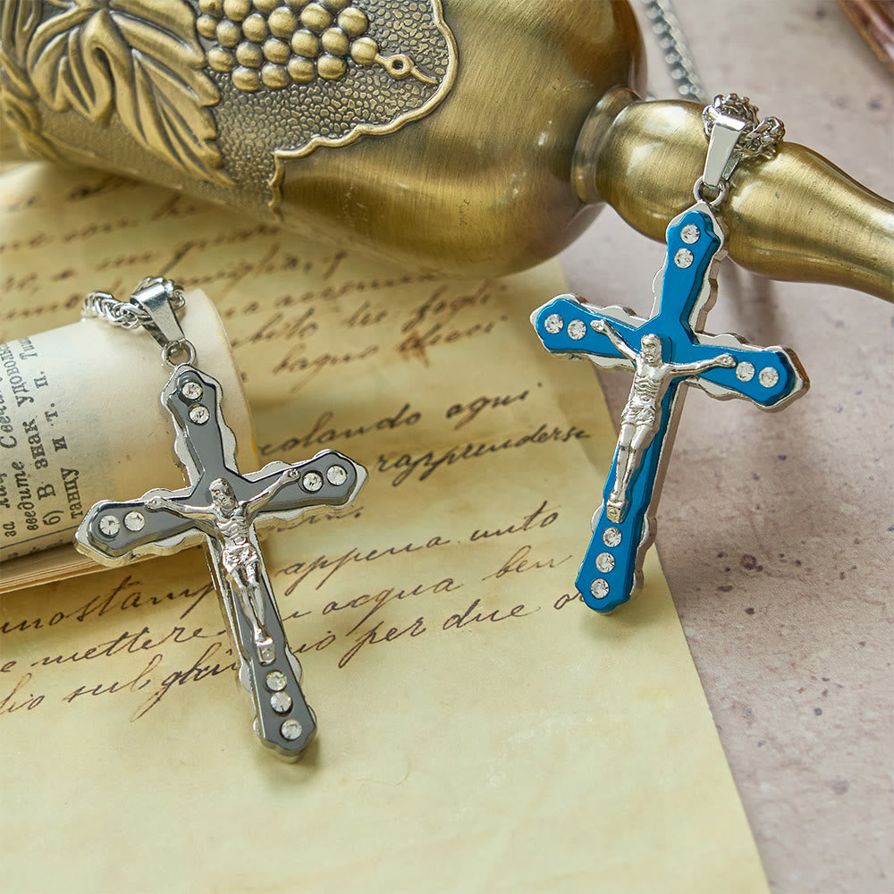 Blue/Silver Detailed Sculpted Crucifix Necklace: A Sacred Accessory for Devotion