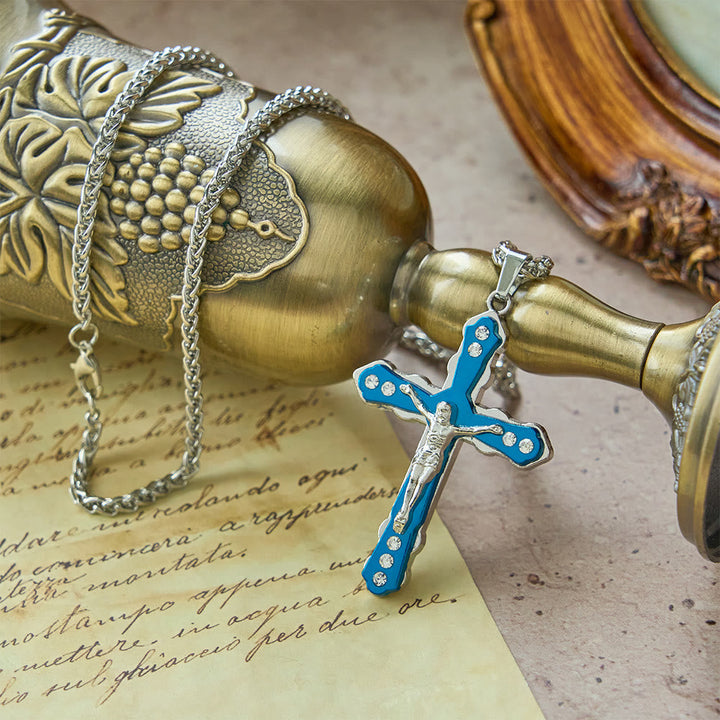 Blue/Silver Detailed Sculpted Crucifix Necklace: A Sacred Accessory for Devotion