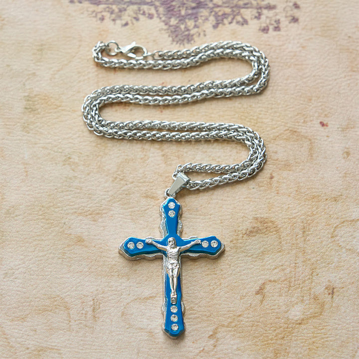 Blue/Silver Detailed Sculpted Crucifix Necklace: A Sacred Accessory for Devotion