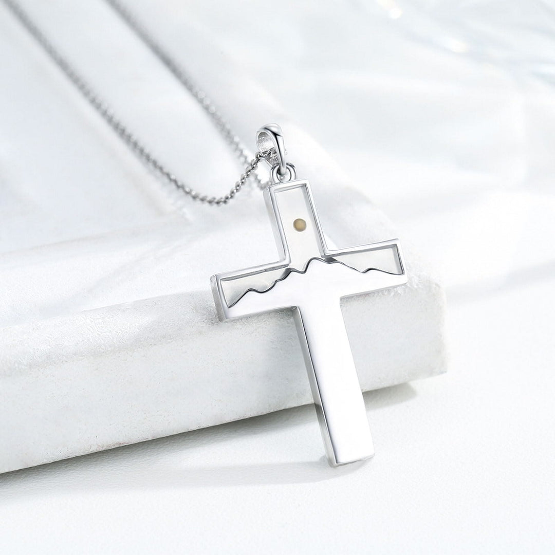 Mustard Seed Crescent Moon & Cross Necklace: Turquoise Inlay & Silver-Tone Design