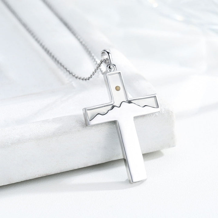 Mustard Seed Crescent Moon & Cross Necklace: Turquoise Inlay & Silver-Tone Design