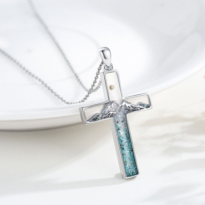 Mustard Seed Crescent Moon & Cross Necklace: Turquoise Inlay & Silver-Tone Design