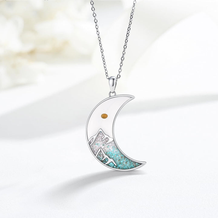 Mustard Seed Crescent Moon & Cross Necklace: Turquoise Inlay & Silver-Tone Design