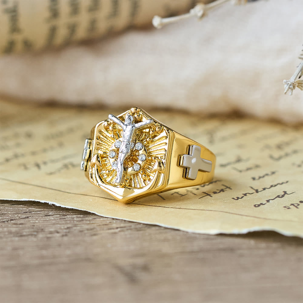 Two-Tone Crucifix Statement Ring: A Symbol of Christ’s Redemption & Faith