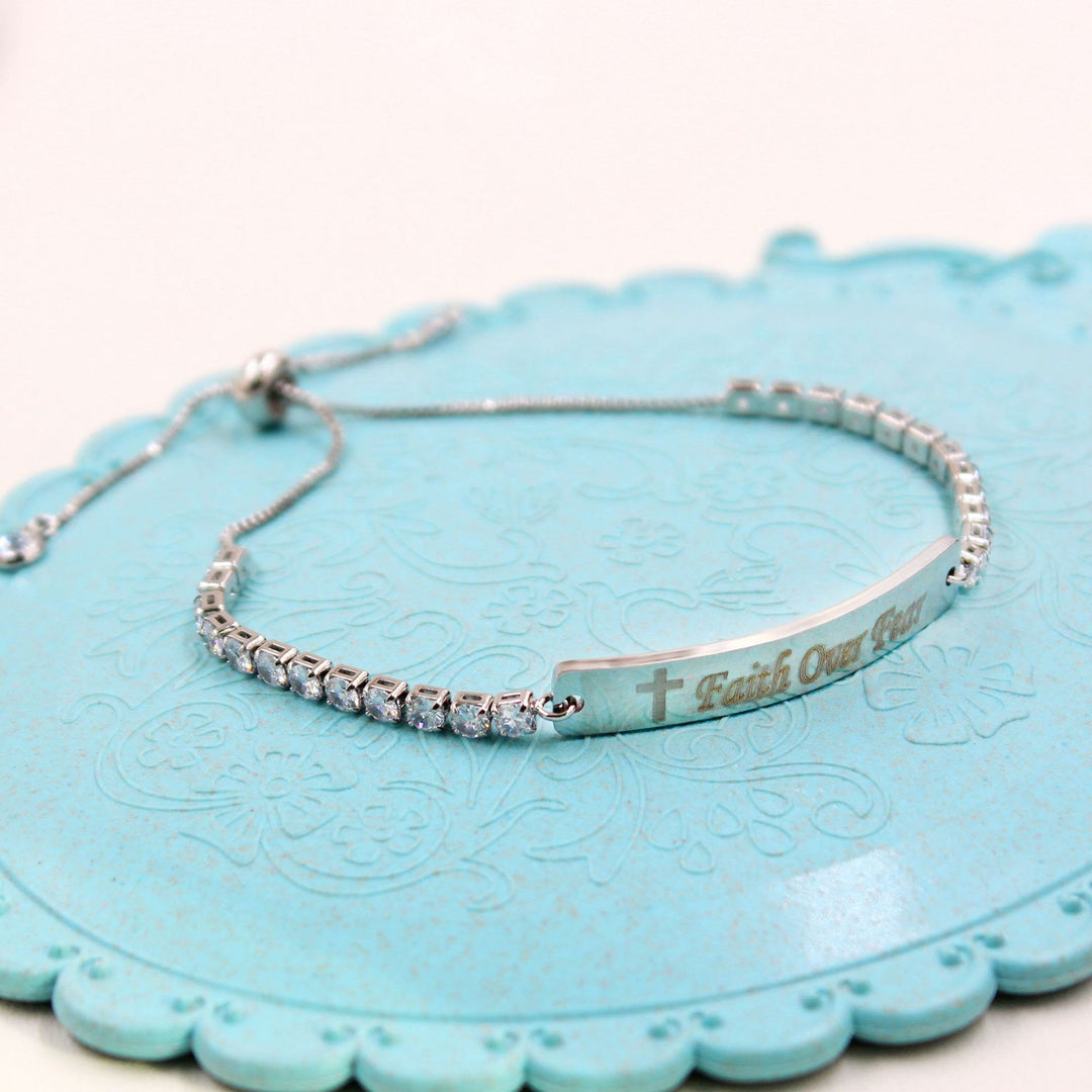 Four-Color Metal with Engraved/Blank Bar Faith Courage Bracelet