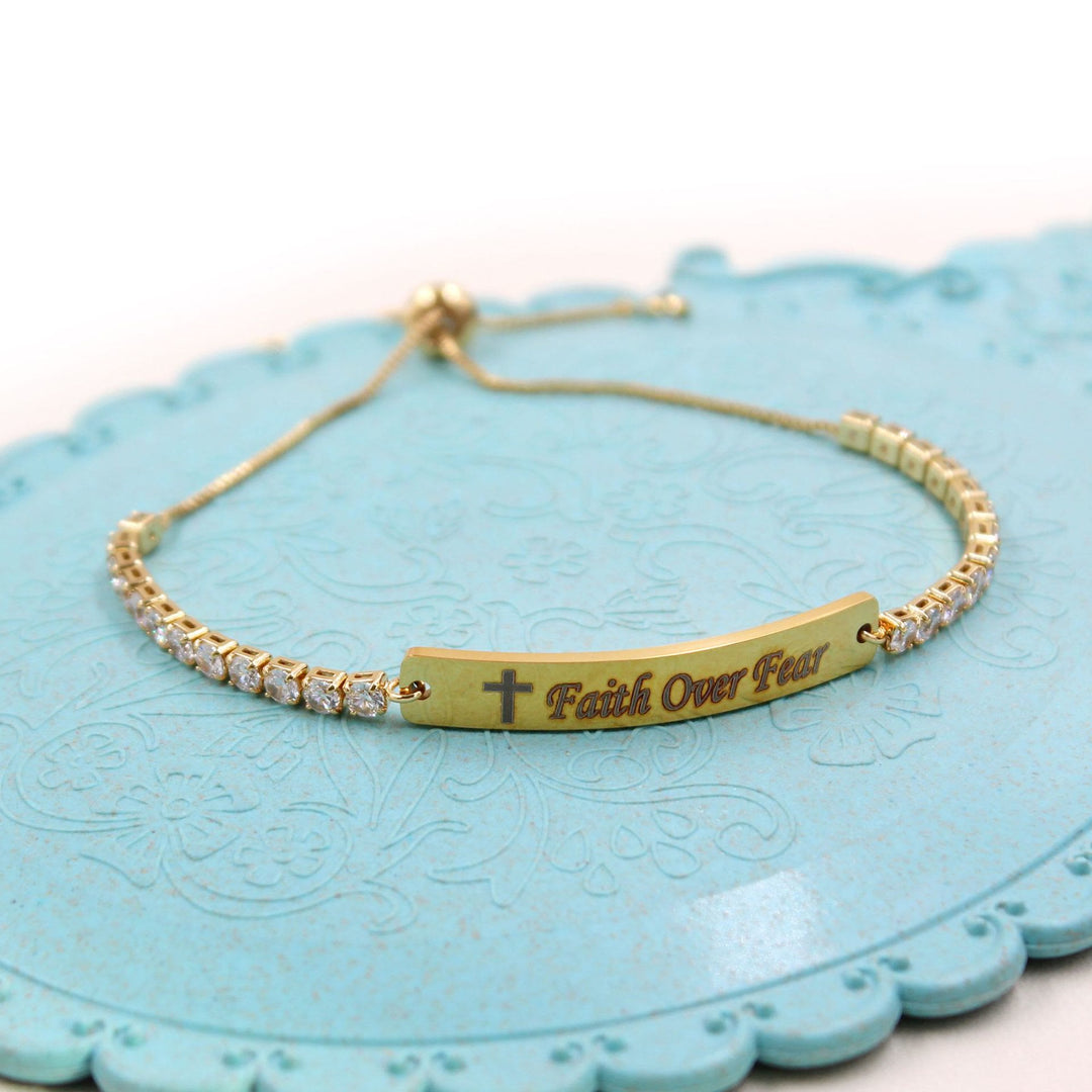 Four-Color Metal with Engraved/Blank Bar Faith Courage Bracelet