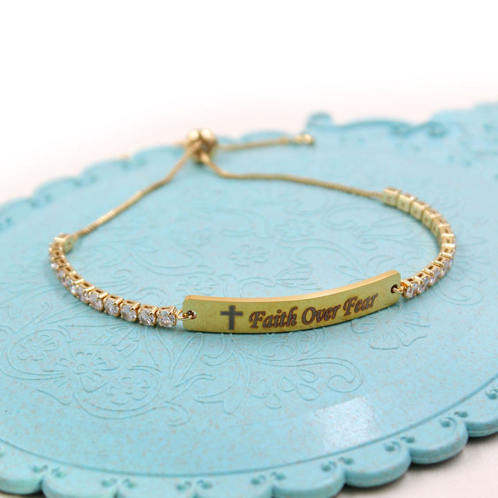 Four-Color Metal with Engraved/Blank Bar Faith Courage Bracelet