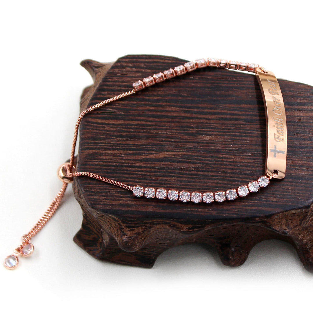 Four-Color Metal with Engraved/Blank Bar Faith Courage Bracelet