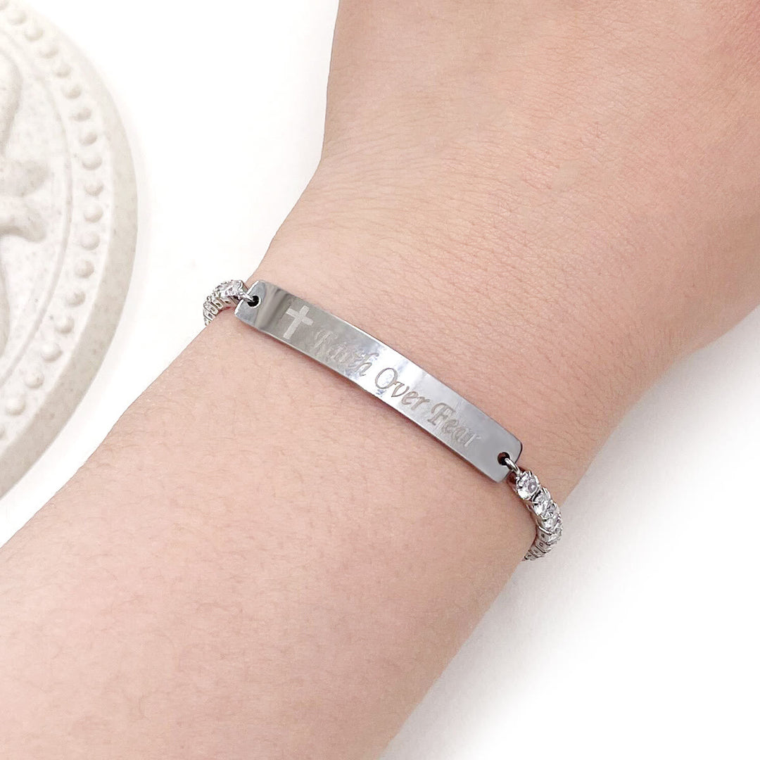 Four-Color Metal with Engraved/Blank Bar Faith Courage Bracelet