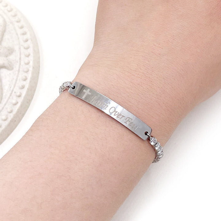 Four-Color Metal with Engraved/Blank Bar Faith Courage Bracelet