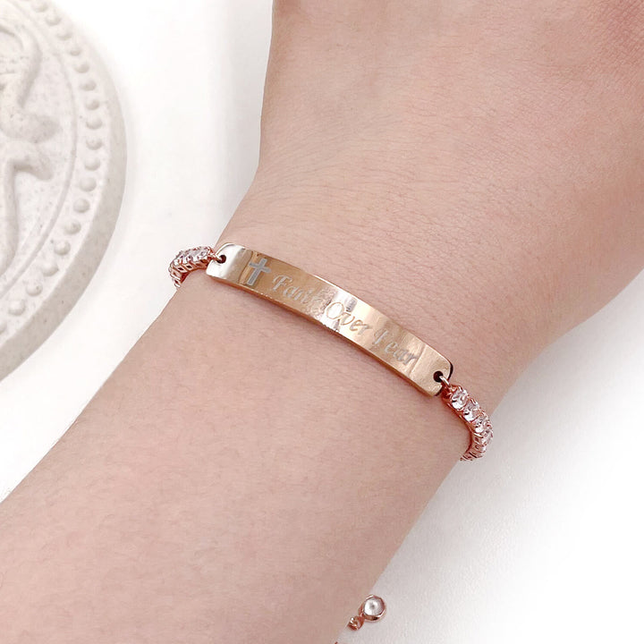 Four-Color Metal with Engraved/Blank Bar Faith Courage Bracelet