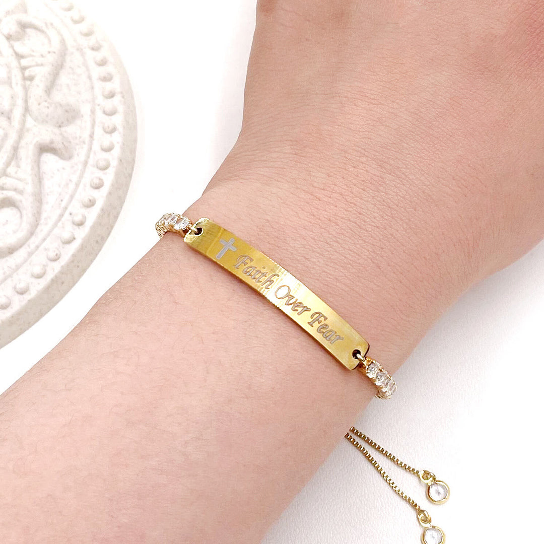 Four-Color Metal with Engraved/Blank Bar Faith Courage Bracelet