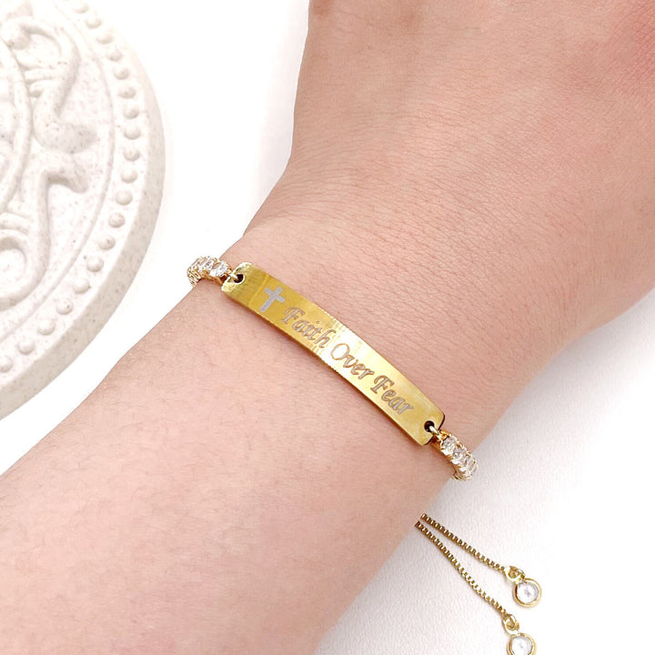 Four-Color Metal with Engraved/Blank Bar Faith Courage Bracelet