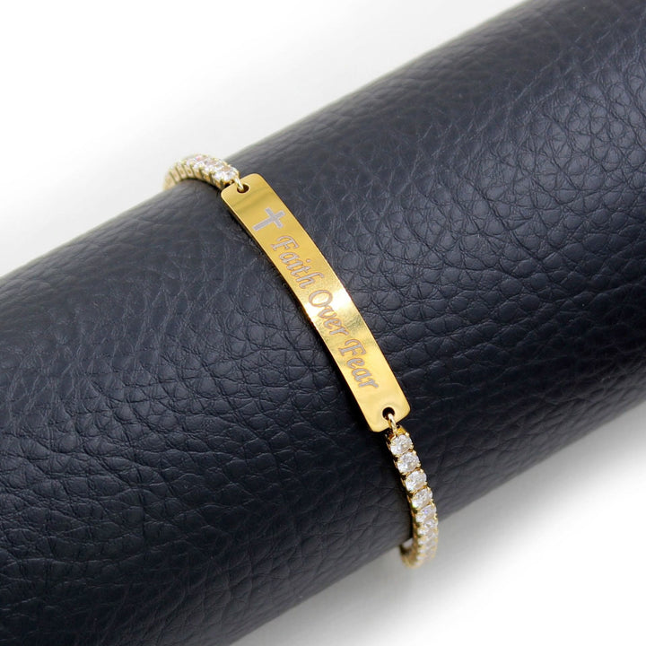 Four-Color Metal with Engraved/Blank Bar Faith Courage Bracelet