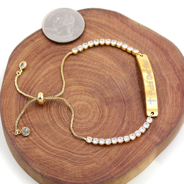 Four-Color Metal with Engraved/Blank Bar Faith Courage Bracelet