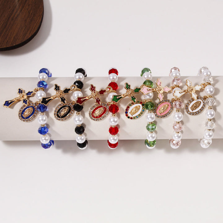 Marian Medallion Beaded Bracelet: Our Lady Accents & Enamel Cross Charm