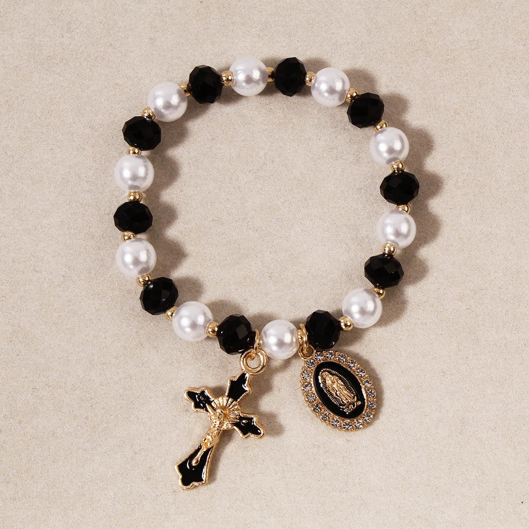 Marian Medallion Beaded Bracelet: Our Lady Accents & Enamel Cross Charm
