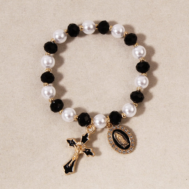 Marian Medallion Beaded Bracelet: Our Lady Accents & Enamel Cross Charm