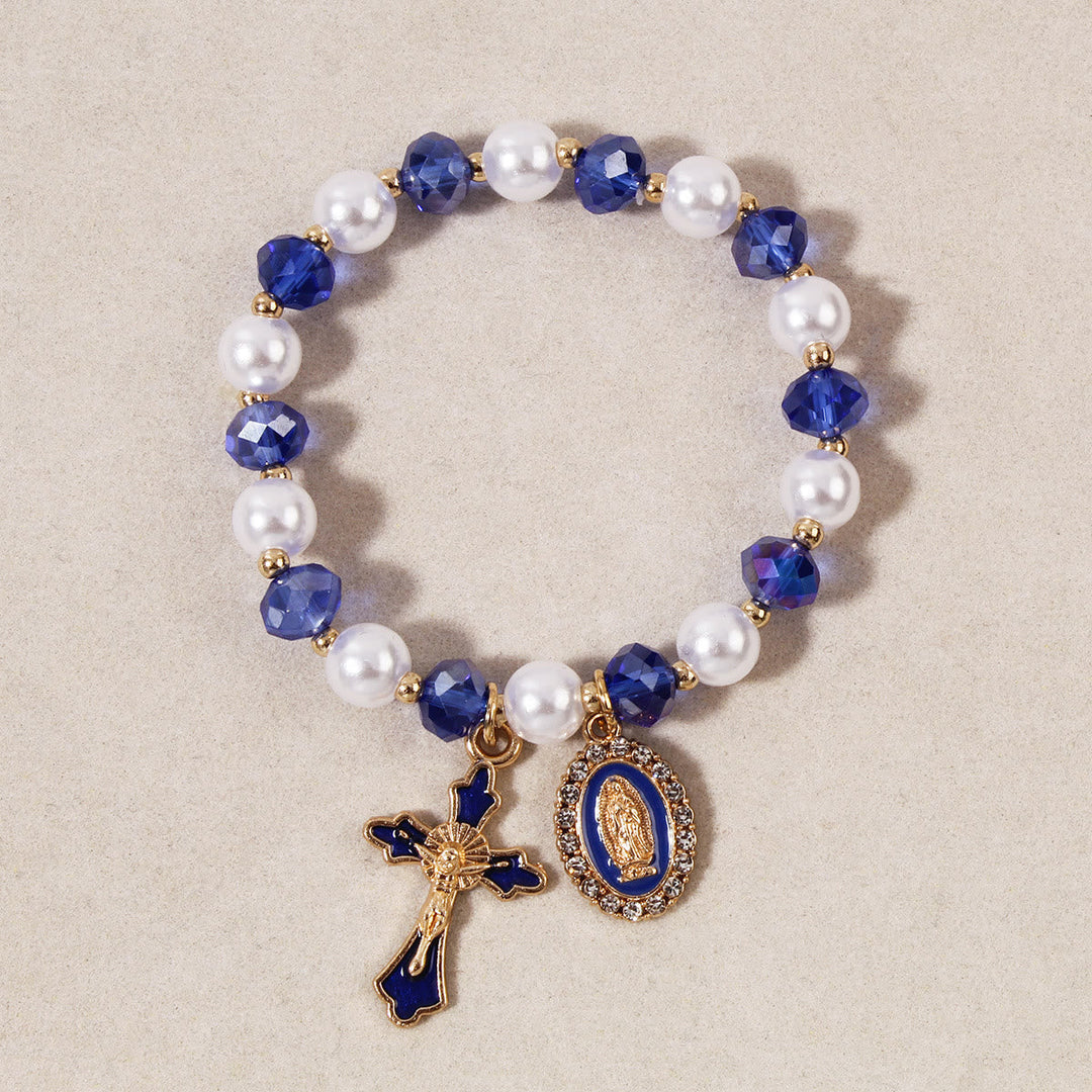 Marian Medallion Beaded Bracelet: Our Lady Accents & Enamel Cross Charm