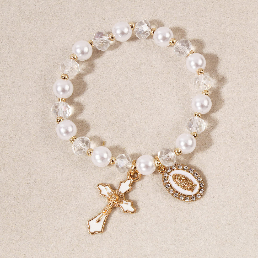Marian Medallion Beaded Bracelet: Our Lady Accents & Enamel Cross Charm