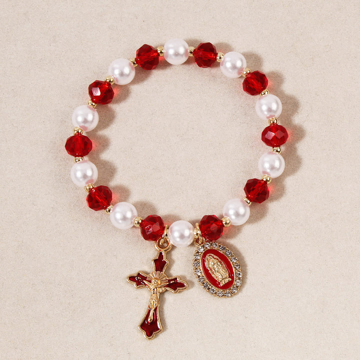 Marian Medallion Beaded Bracelet: Our Lady Accents & Enamel Cross Charm