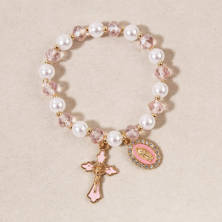 Marian Medallion Beaded Bracelet: Our Lady Accents & Enamel Cross Charm