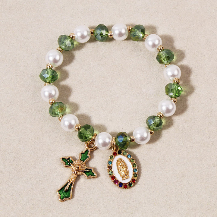 Marian Medallion Beaded Bracelet: Our Lady Accents & Enamel Cross Charm