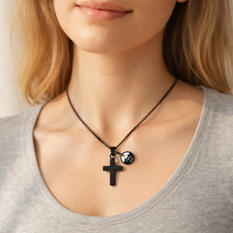 Textured Cross Mustard Seed Necklace: Metallic Charms for Spiritual Reminders