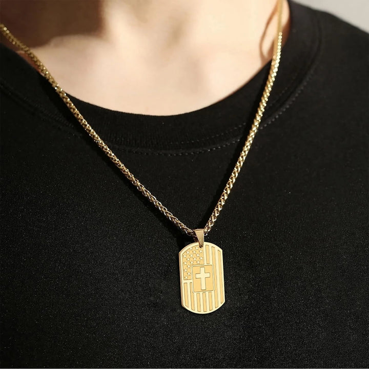 American Flag & Cross Double-Sided Scripture Necklace: A Symbol of Sacred Strength and Courage